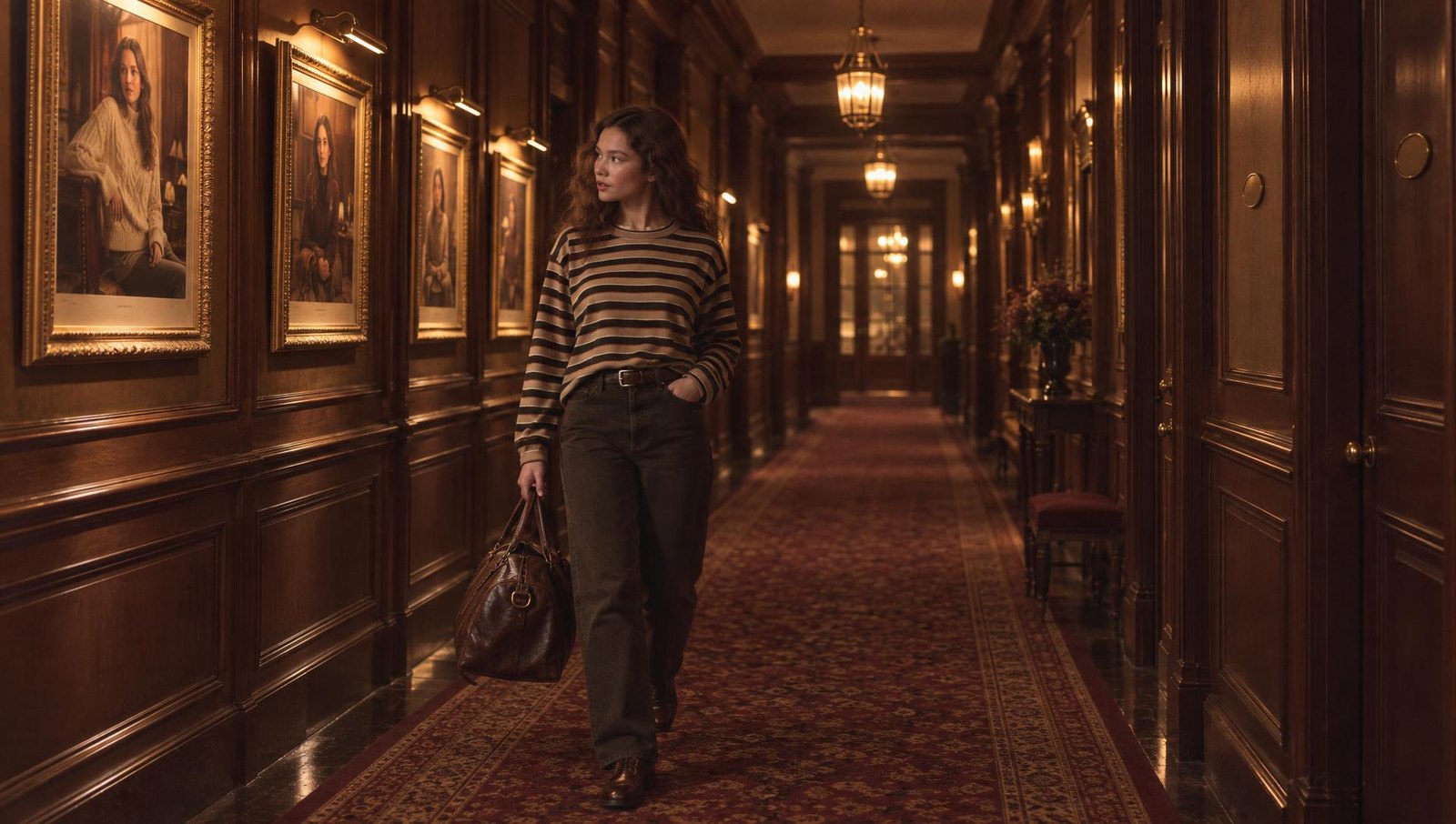 A woman in THE GREAT.'s cigar stripe crew walks a grand hotel corridor hung with framed photographs