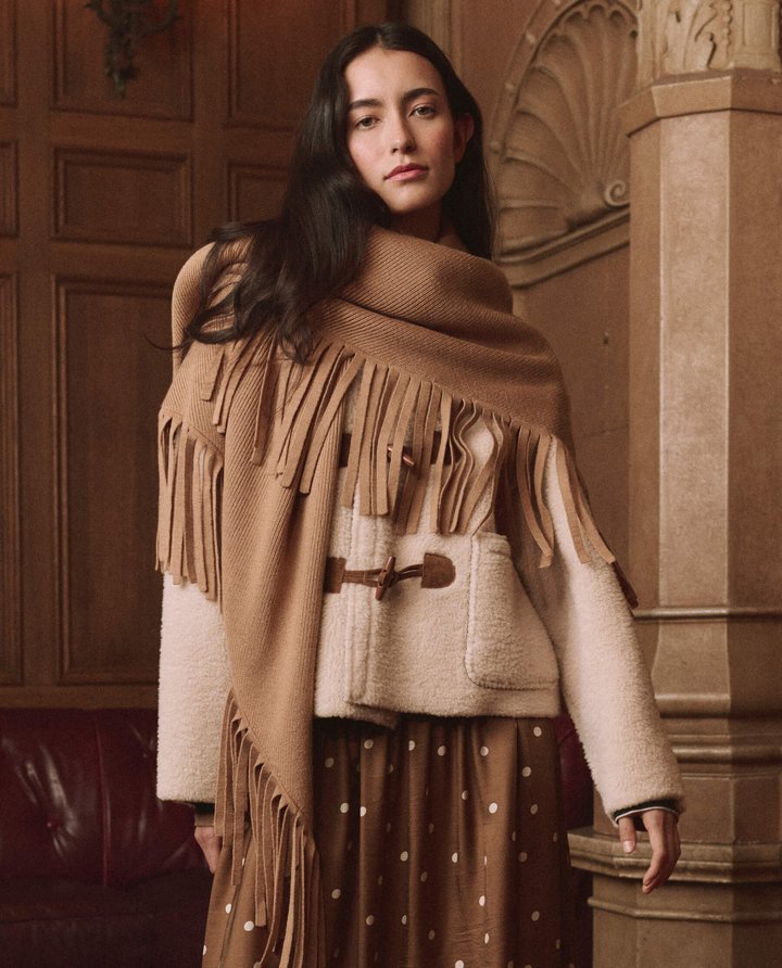 The Woodside Toggle Coat with the camel fringe scarf